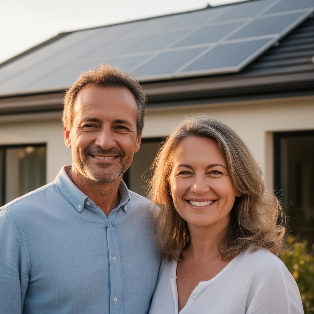 Famille devant sa maison équipée de panneaux solaires
